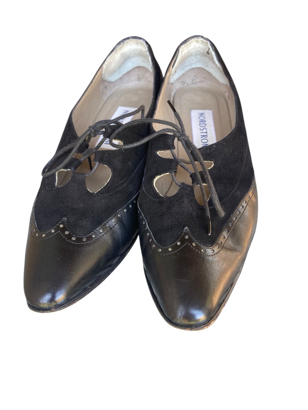 Nordstrom Spectator Wingtip Oxford Kitten Heels Black Leather Suede 9.5 - Picture 4 of 12